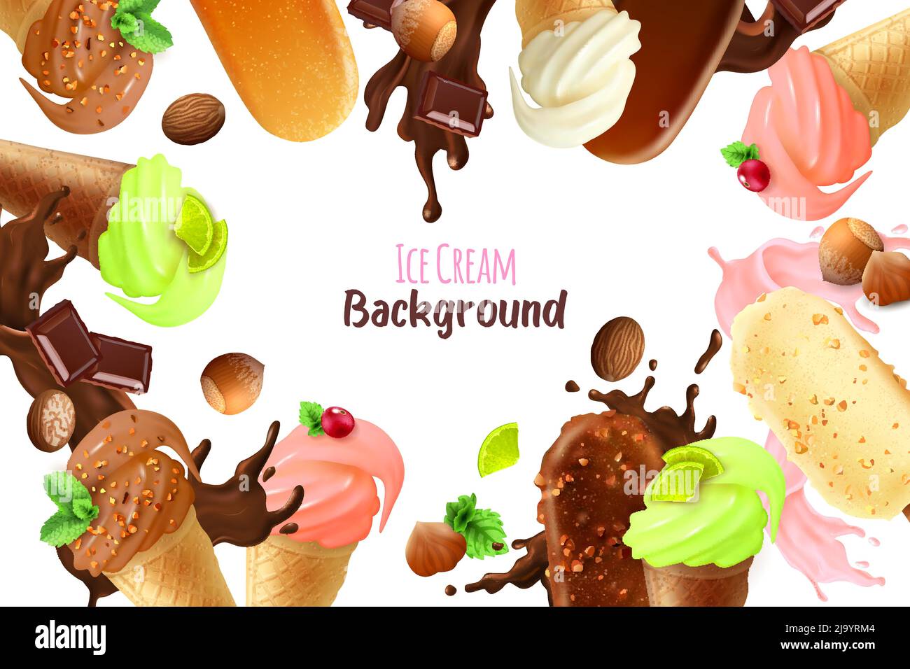 Fond blanc avec cadre composé de différentes variétés et formes de crème glacée illustration réaliste de vecteur Illustration de Vecteur