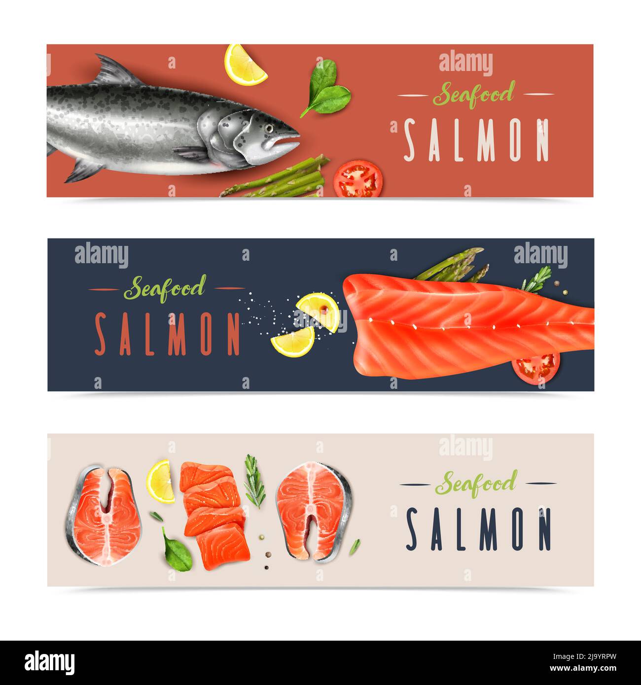 Banderoles horizontales réalistes de fruits de mer avec saumon entier et haché romarin menthe et tranches de citron illustration vectorielle isolée Illustration de Vecteur