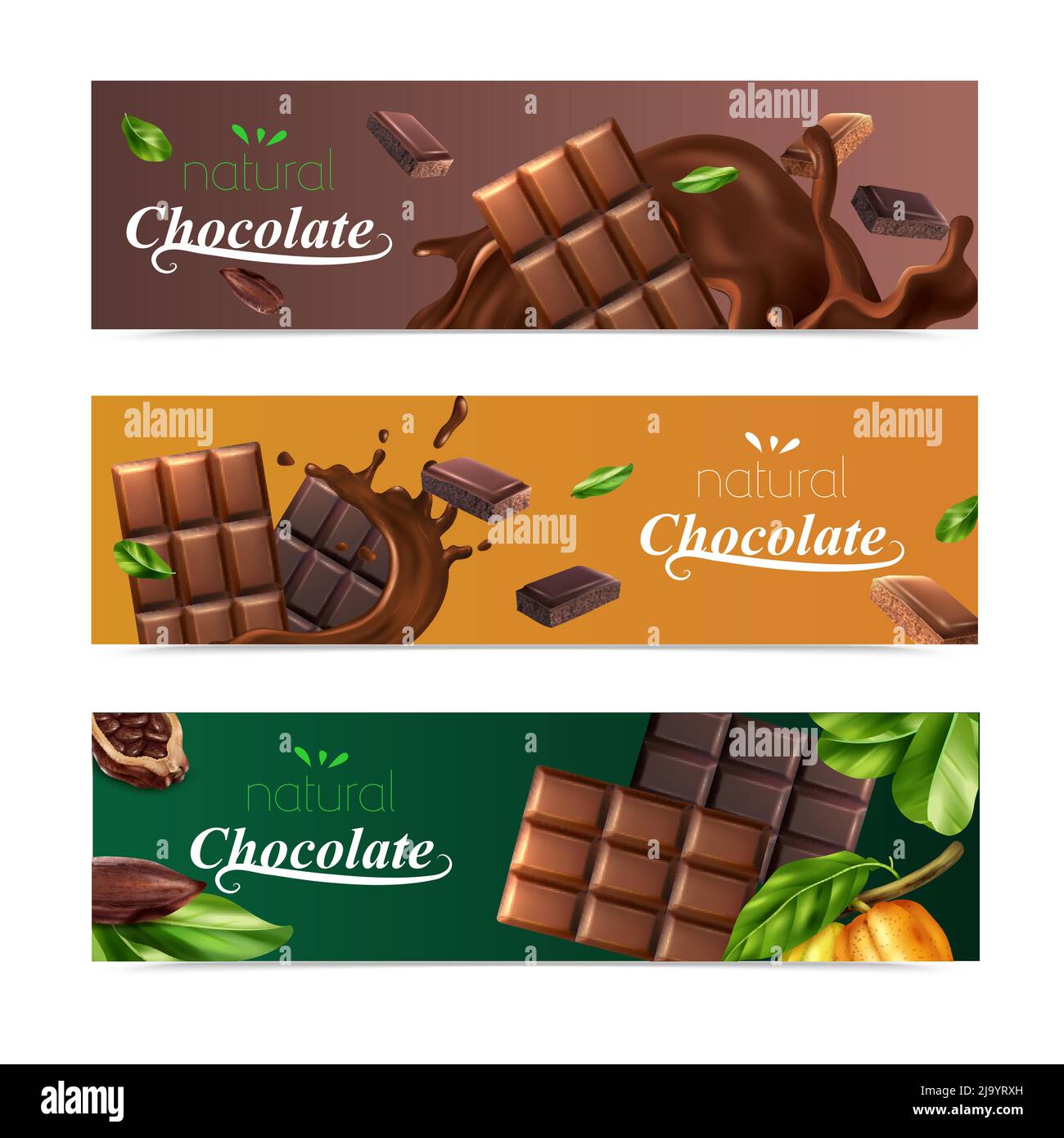 Banderoles horizontales cacao avec barres de chocolat naturel et illustration vectorielle isolée de fèves de cacao Illustration de Vecteur