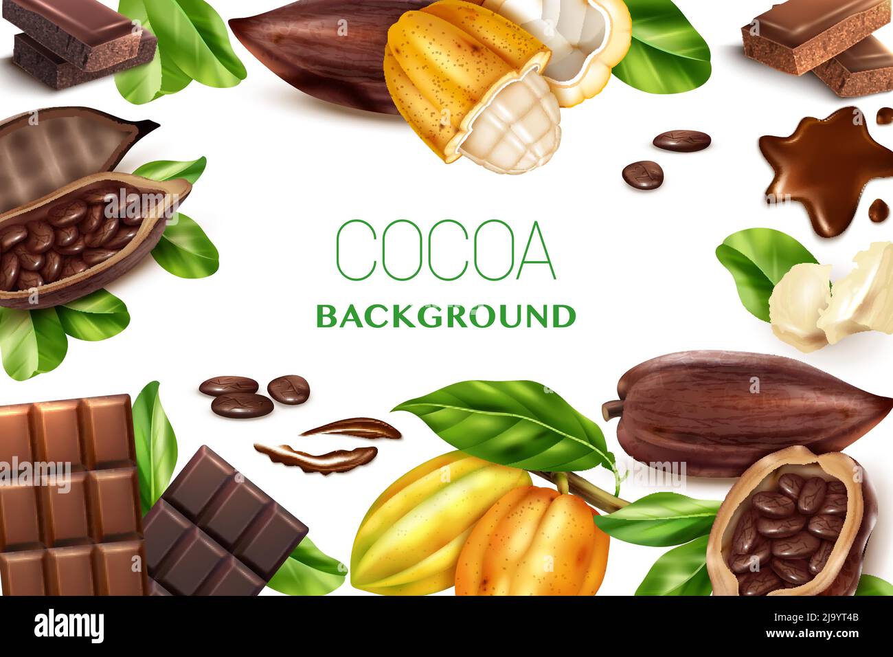 Fond blanc cacao avec cadre réaliste de fruits de l'arbre de chocolat et morceaux de friandises sucrées illustration vectorielle Illustration de Vecteur