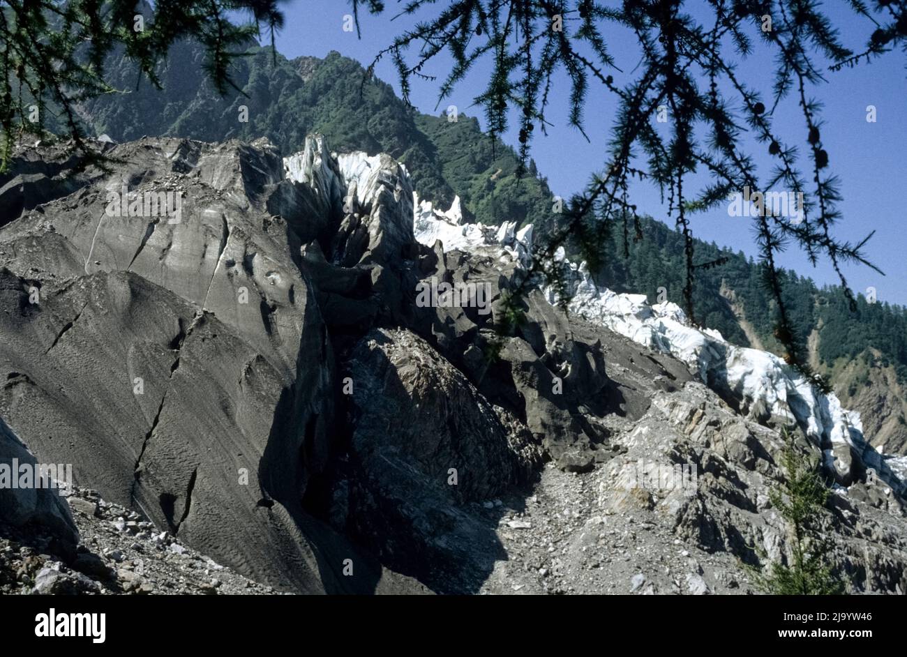 Au glacier des Bossons, vue depuis la moraine latérale de la fracture du glacier. Chamonix Mont blanc, France, 1990 Banque D'Images