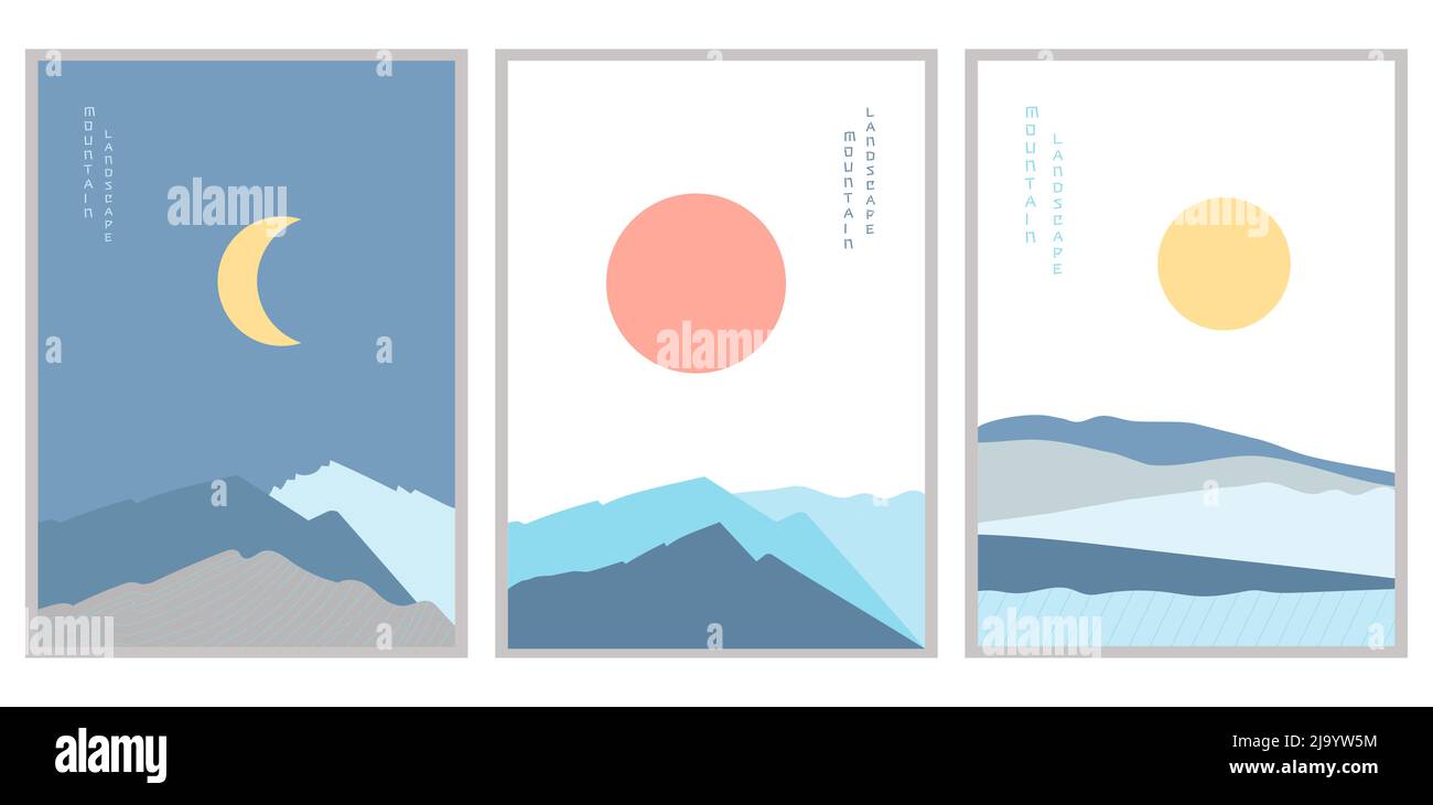 Jeu d'illustrations vectorielles pour affiches de paysage de montagne. Illustration vectorielle. Illustration de Vecteur