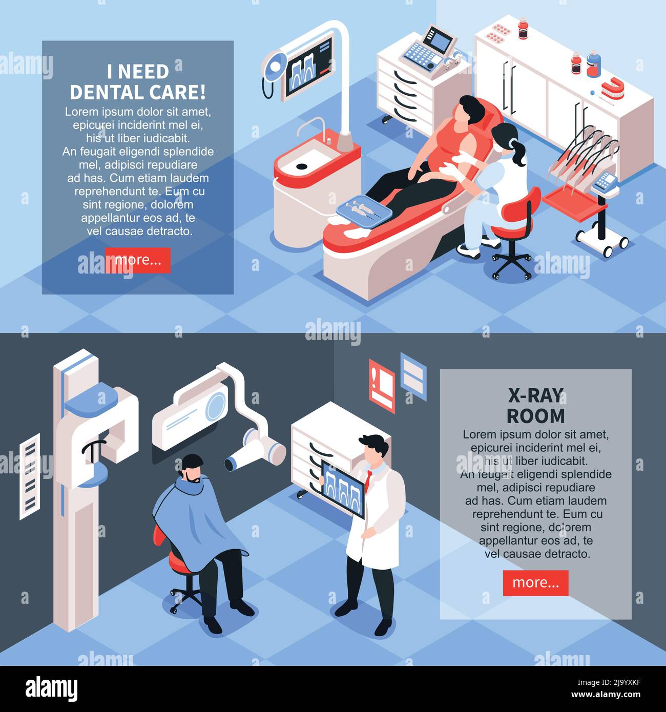 Ensemble de bannières horizontales isométriques dantist avec texte modifiable plus de boutons et intérieurs de salle de dentistes avec l'illustration de vecteur de personnes Illustration de Vecteur