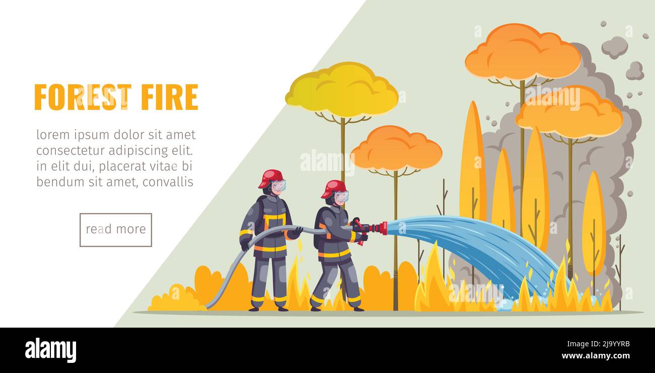Bannière horizontale des pompiers avec images de dessins animés des pompiers supprimant le texte du feu de forêt et lire plus illustration du vecteur de bouton Illustration de Vecteur