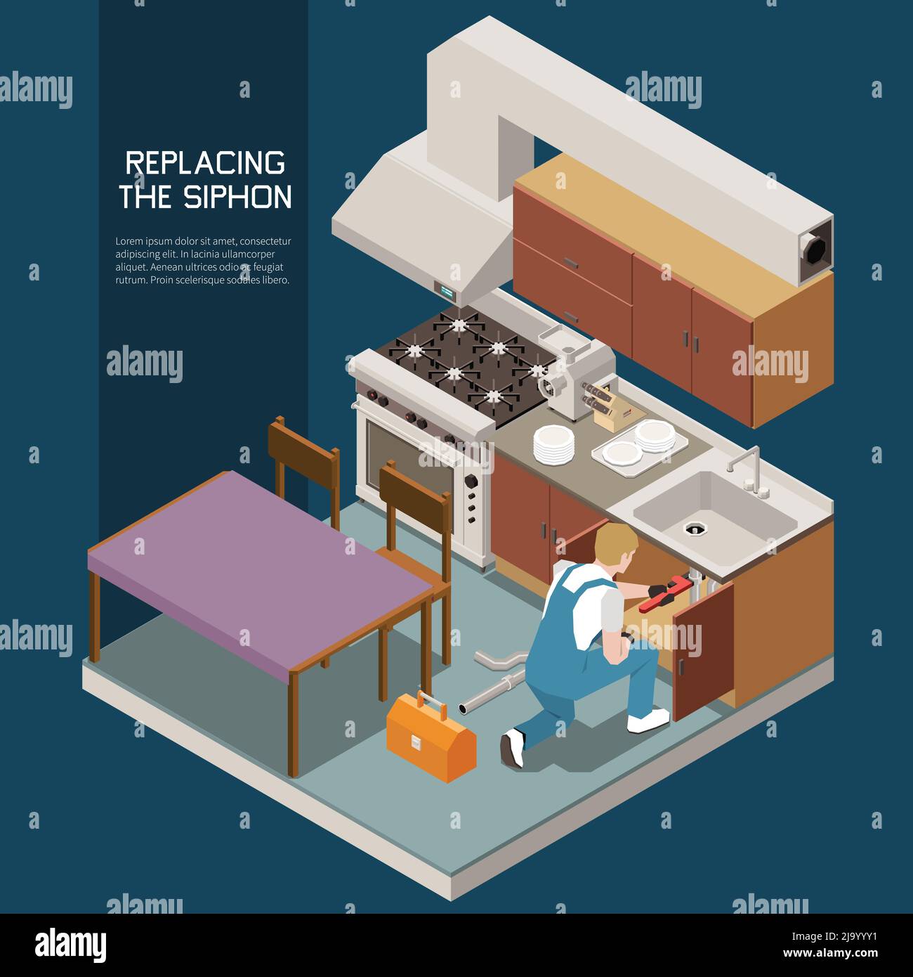 Plomber la composition isométrique en remplaçant le titre du siphon et l'illustration du vecteur du siphon brisé de la fixité manuelle Illustration de Vecteur
