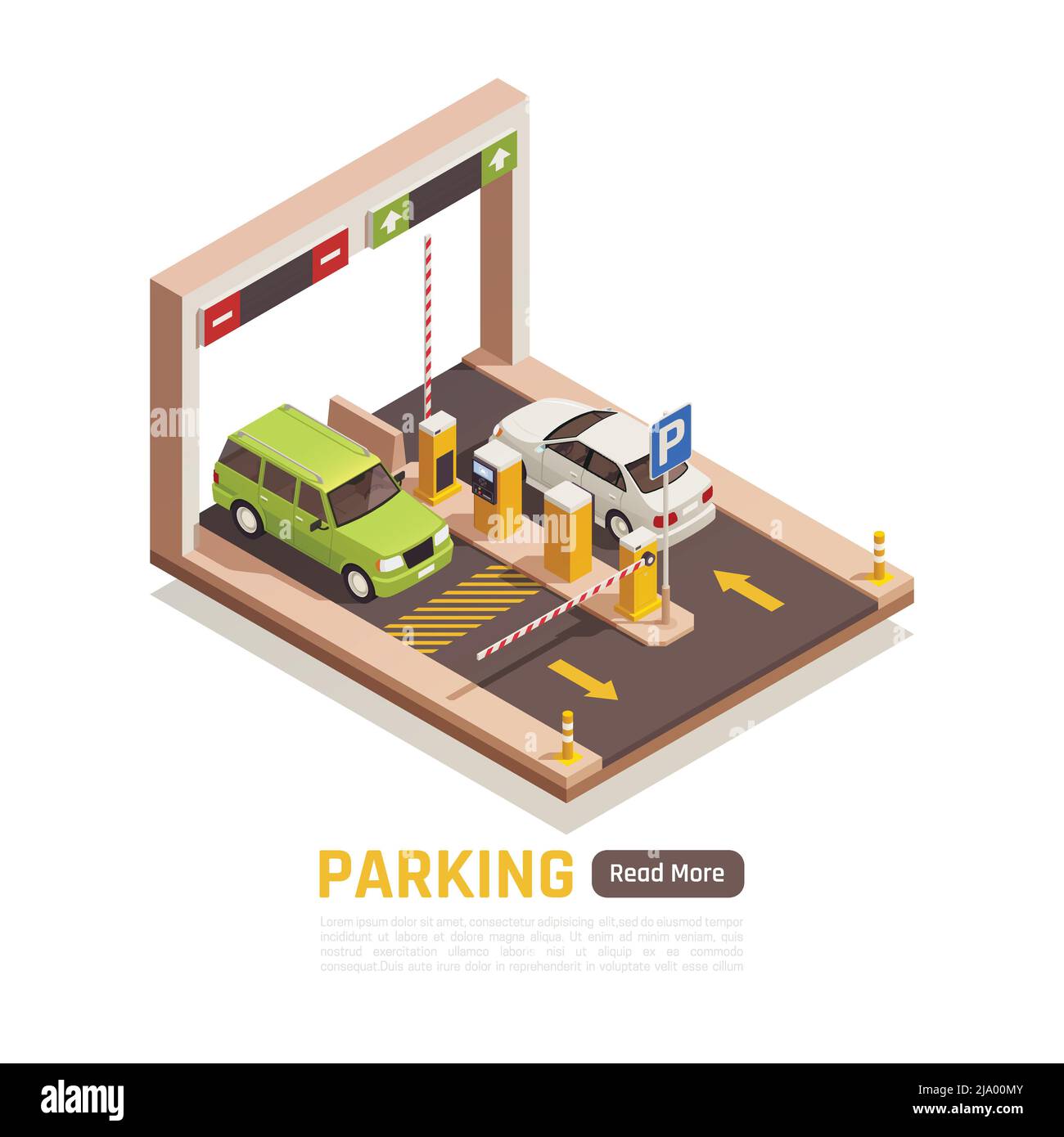 Parking garage entrée sortie automatique porte coulissante machine à billets 2 voitures élément isométrique page web illustration vectorielle Illustration de Vecteur