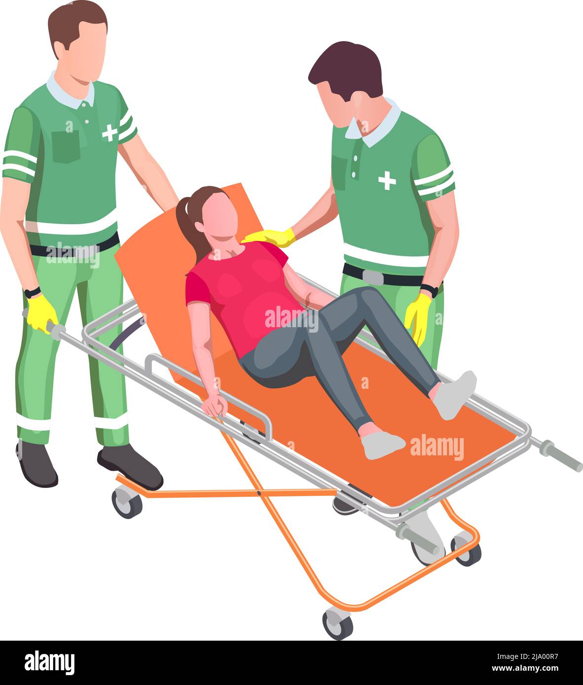 Icône isométrique avec une femme enceinte sur brancard et deux illustrations vectorielles paramédicales 3D Illustration de Vecteur