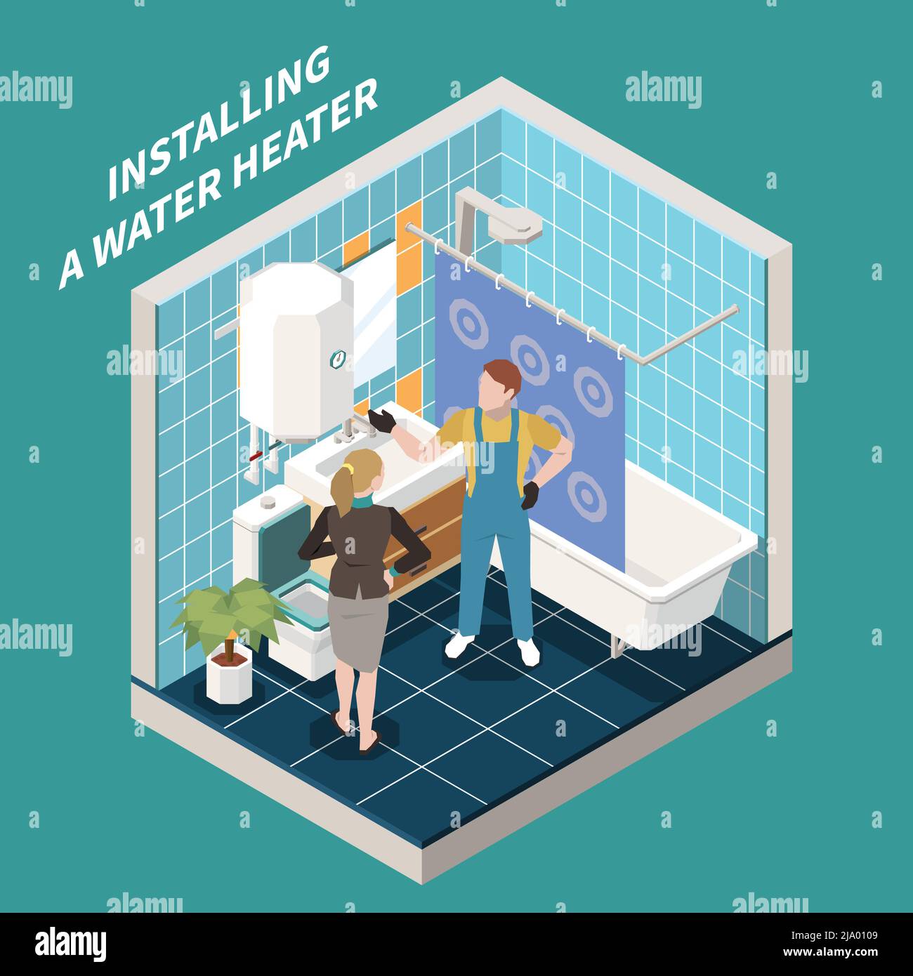 Composition de plombier de 3 d de couleur et isométrique avec installation d'un chauffe-eau description illustration vectorielle Illustration de Vecteur