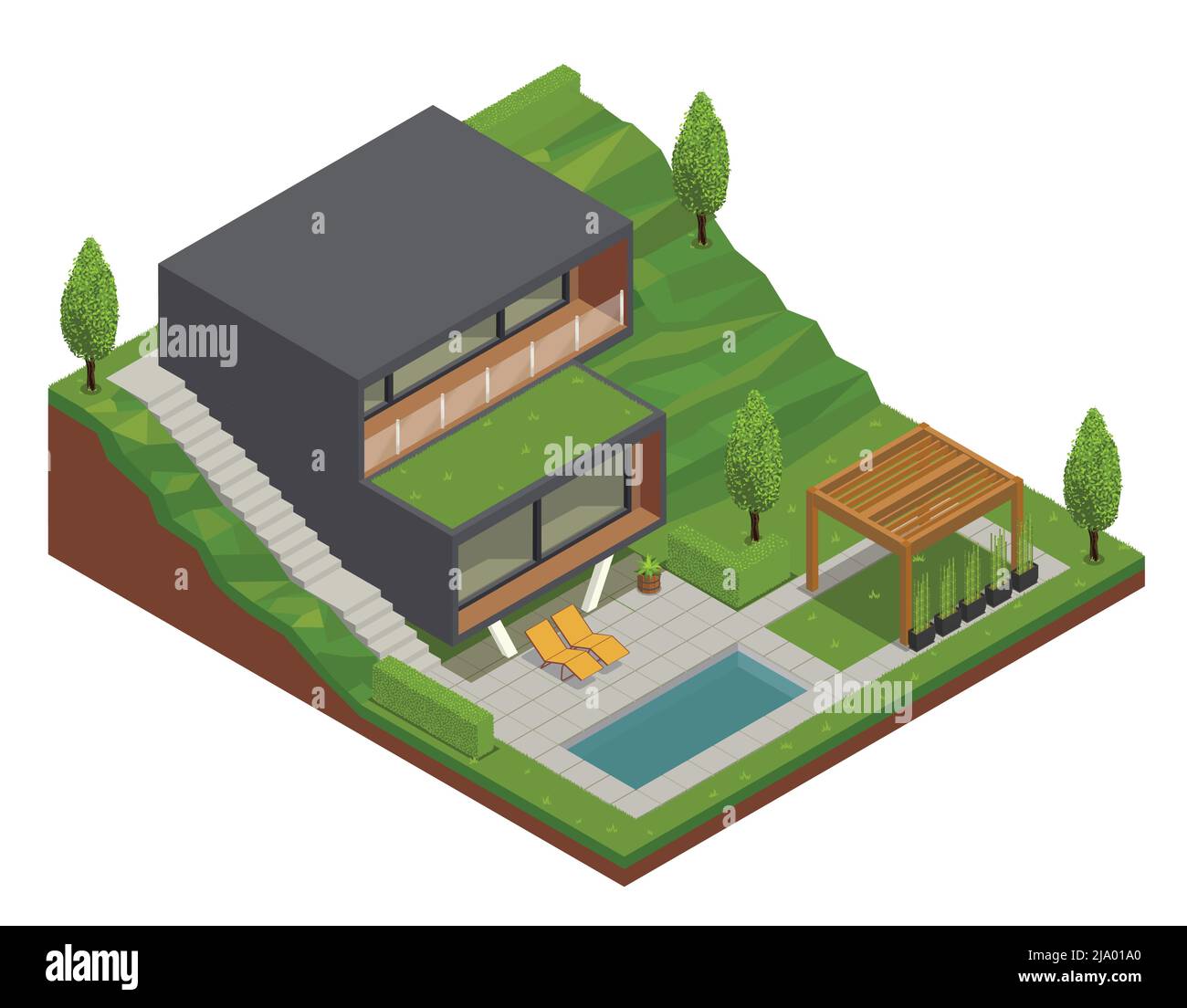 Décor de paysage composition isométrique avec vue extérieure de la villa moderne et cour décorée avec un paysage de terrain vert illustration vectorielle Illustration de Vecteur