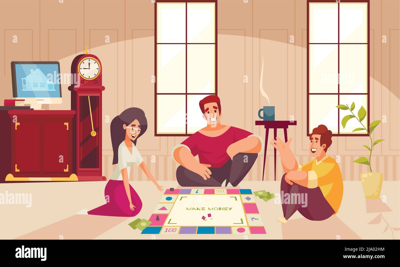Jeux de société composition de l'argent deux hommes et une femme jouent sur le sol dans l'illustration vectorielle de la salle Illustration de Vecteur