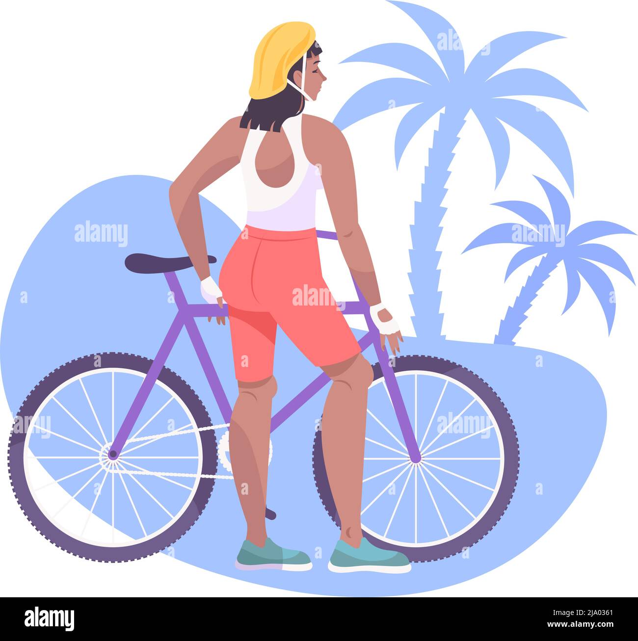 Composition plate avec une femme dans un casque et son illustration de vecteur de vélo Illustration de Vecteur