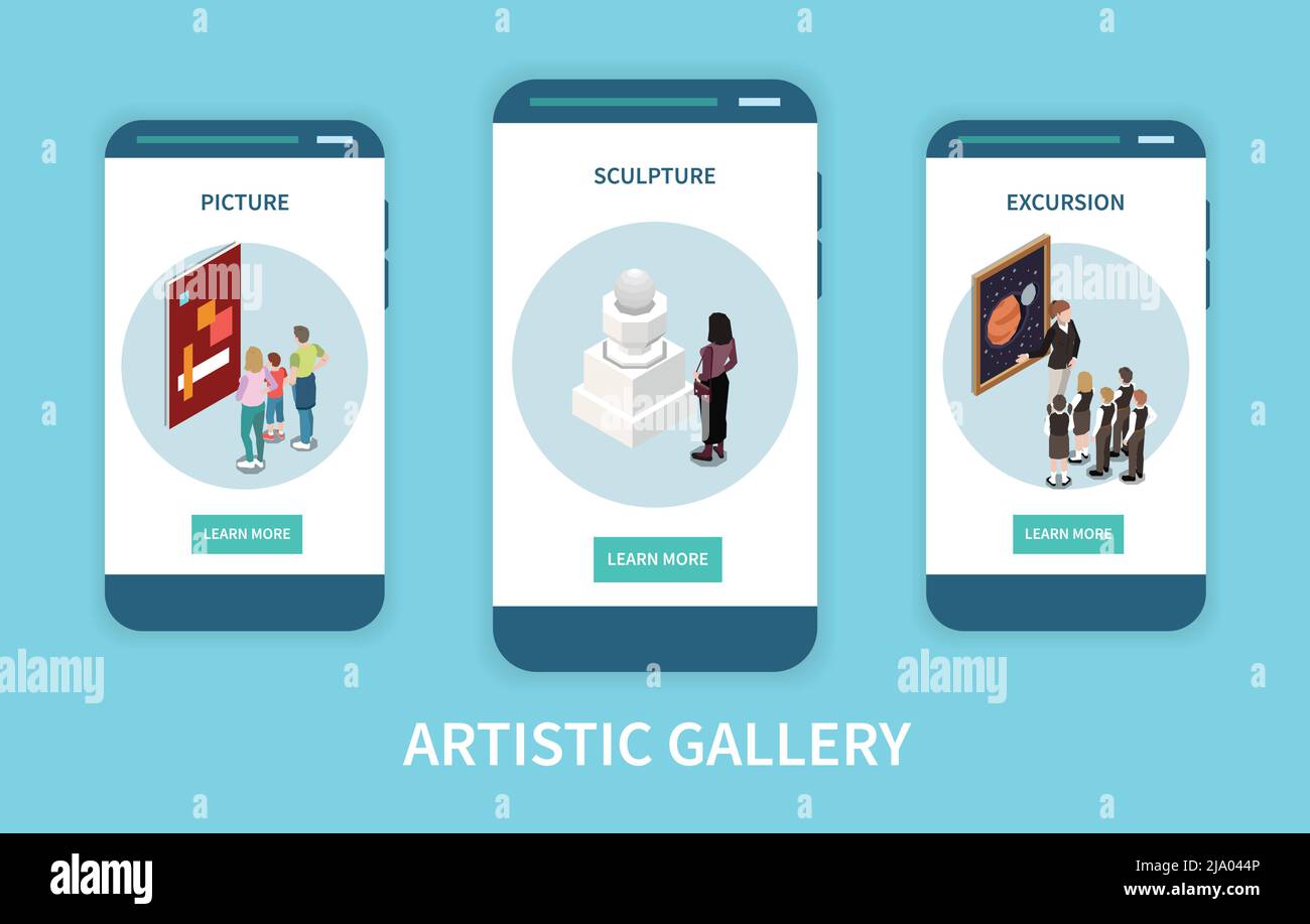 Galerie artistique concept d'application mobile avec des informations sur les images sculptures et excursion sur les écrans de smartphone illustration vectorielle isométrique Illustration de Vecteur
