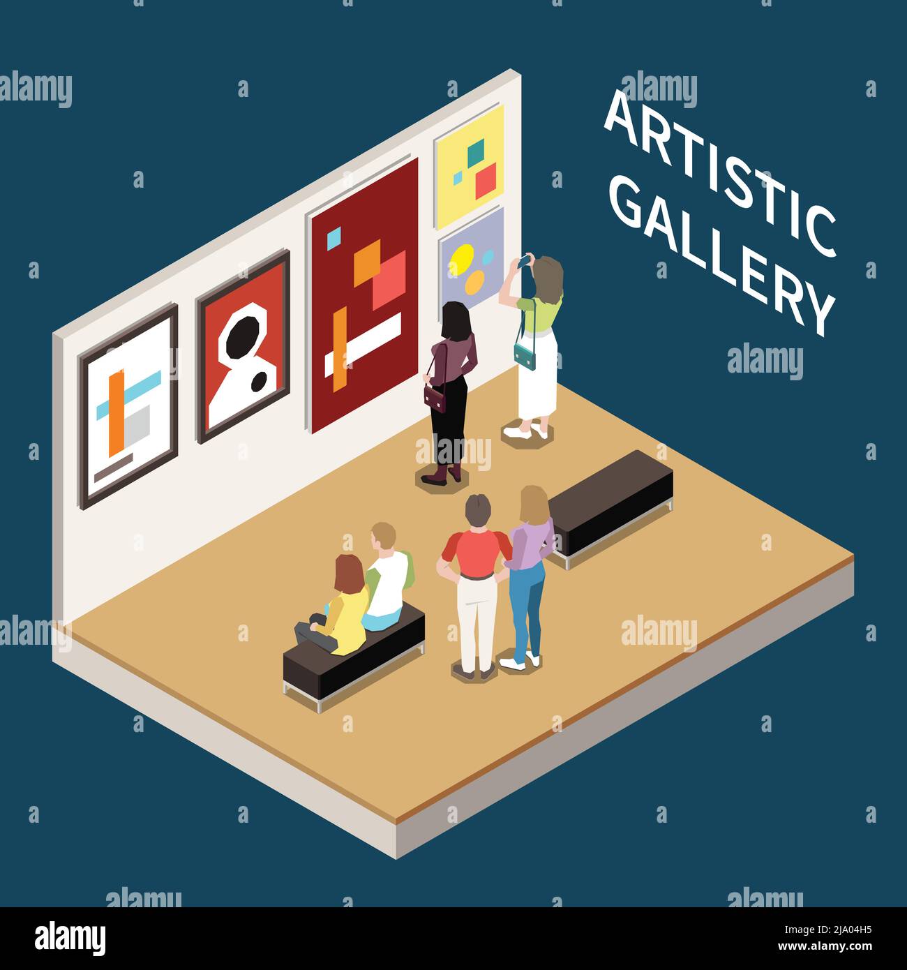 Galerie artistique fond isométrique avec des personnes regardant des images d'artistes modernes illustration vectorielle Illustration de Vecteur