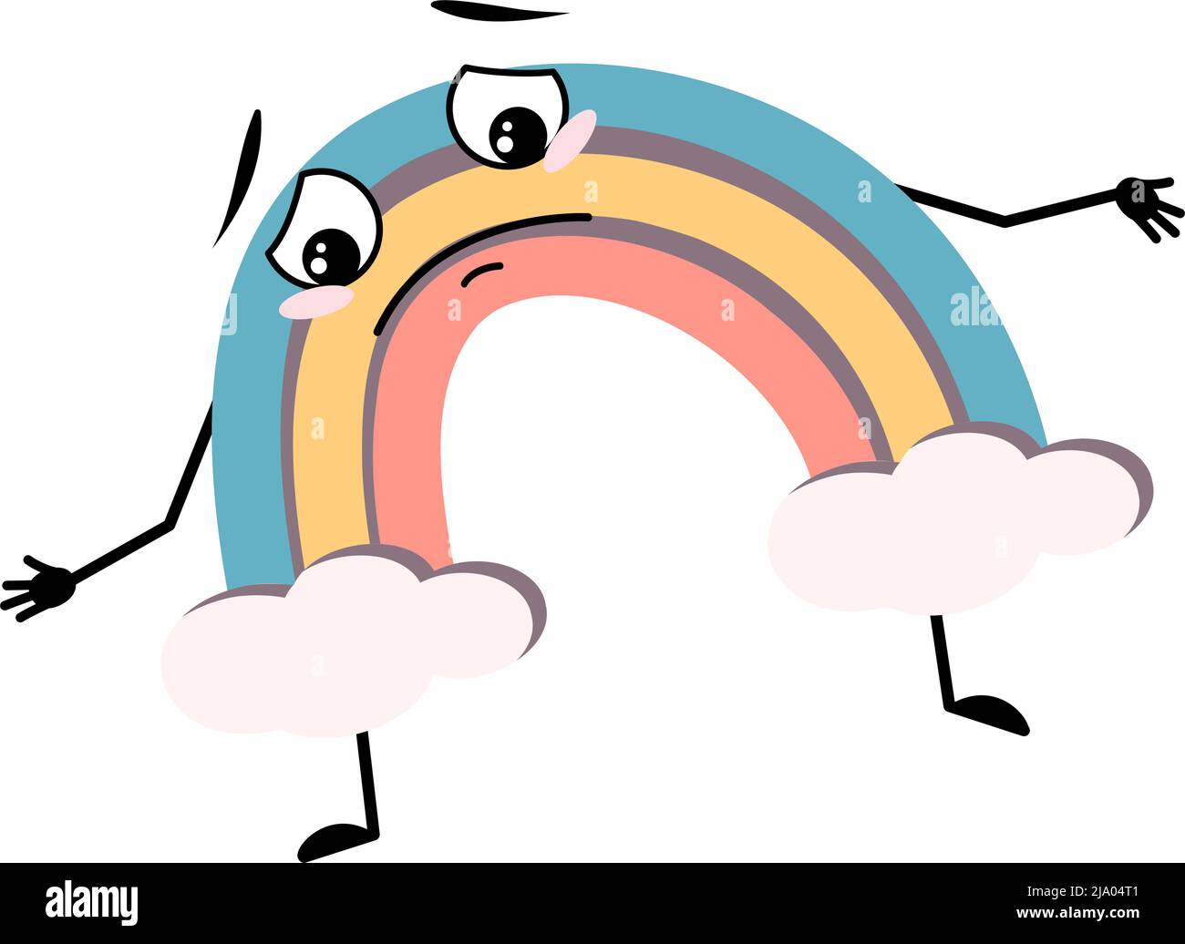 Adorable personnage arc-en-ciel avec des émotions tristes, un visage déprimé, des yeux, des bras et des jambes. Personne avec expression mélancolie et pose. Illustration vectorielle plate Illustration de Vecteur