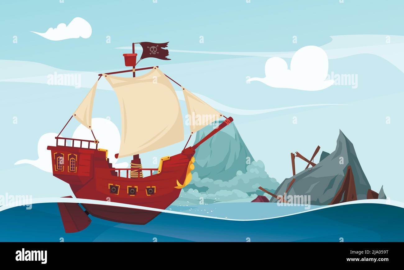 Composition de pirate avec paysage de mer ouvert avec épave de bateau de montagne et bateau de voile de pirate avec illustration de vecteur de drapeau Illustration de Vecteur