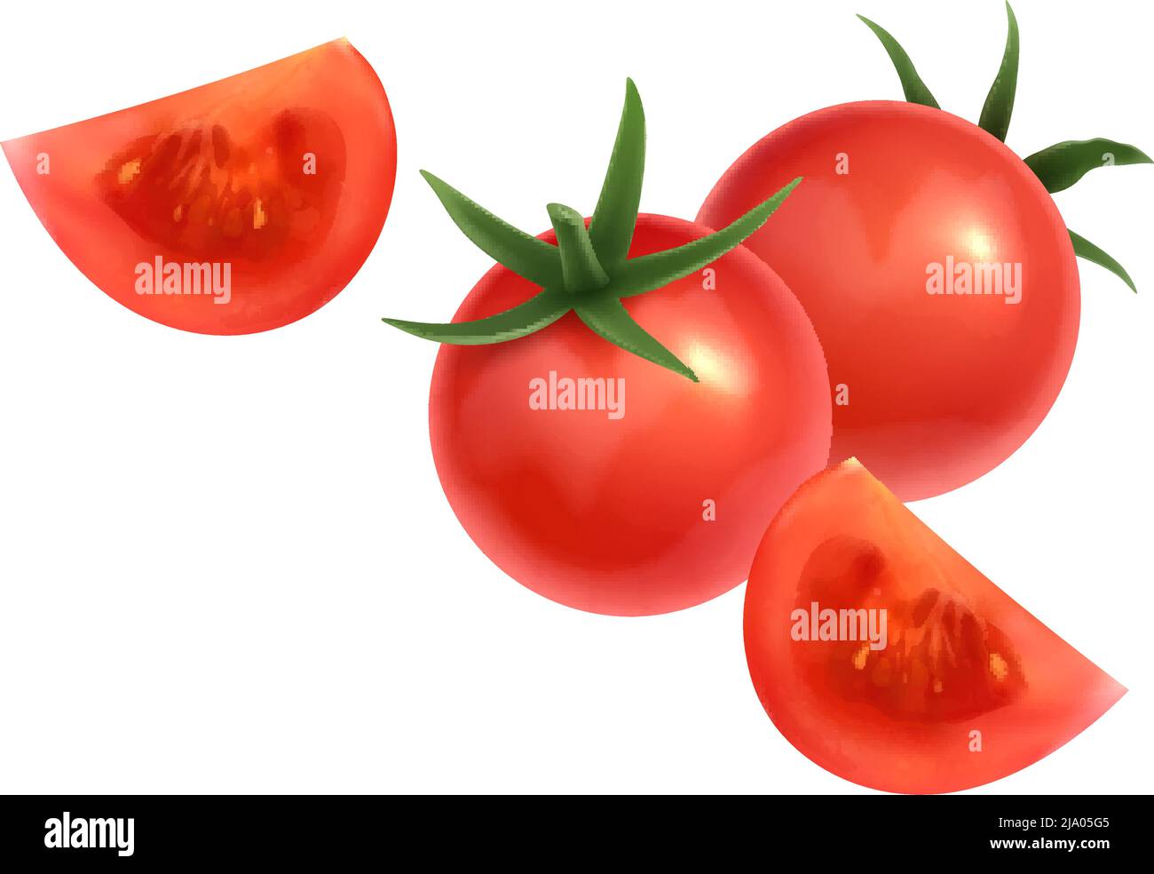 Icône réaliste avec des tomates entières et des tranches de vecteur de couleur rouge Illustration de Vecteur