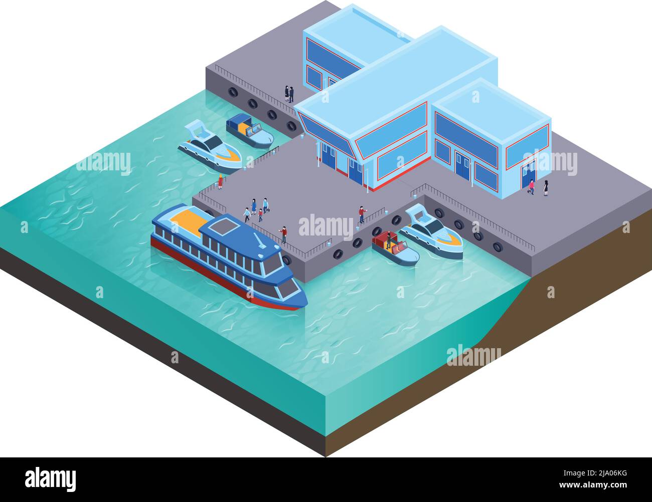 Composition isométrique de transport de l'eau avec des bâtiments modernes de la station de rivière avec des bateaux au repos et l'illustration de vecteur de personnes Illustration de Vecteur