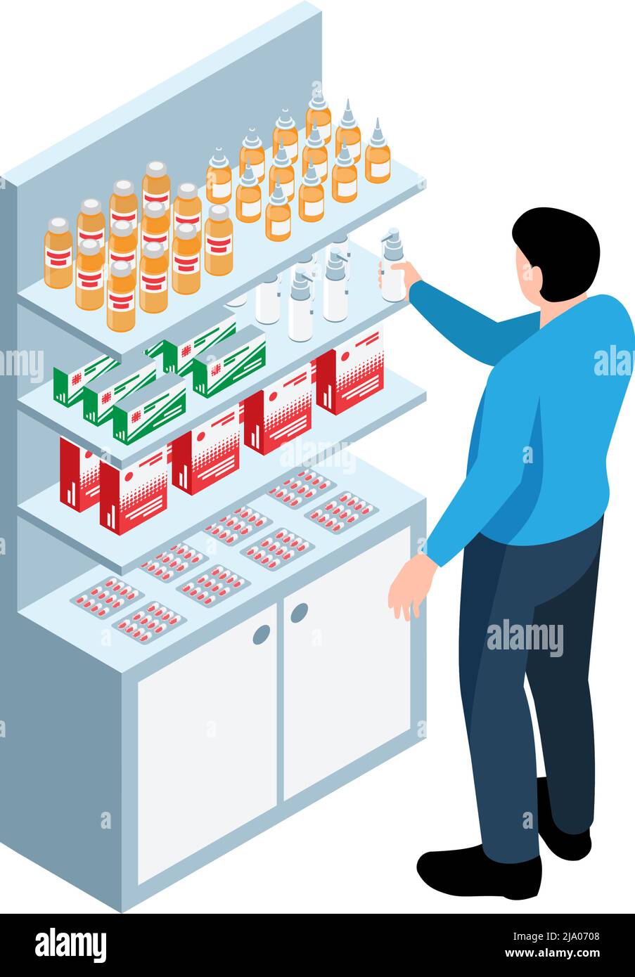 Homme achetant un spray à la pharmacie icône isométrique sur fond blanc illustration vectorielle Illustration de Vecteur