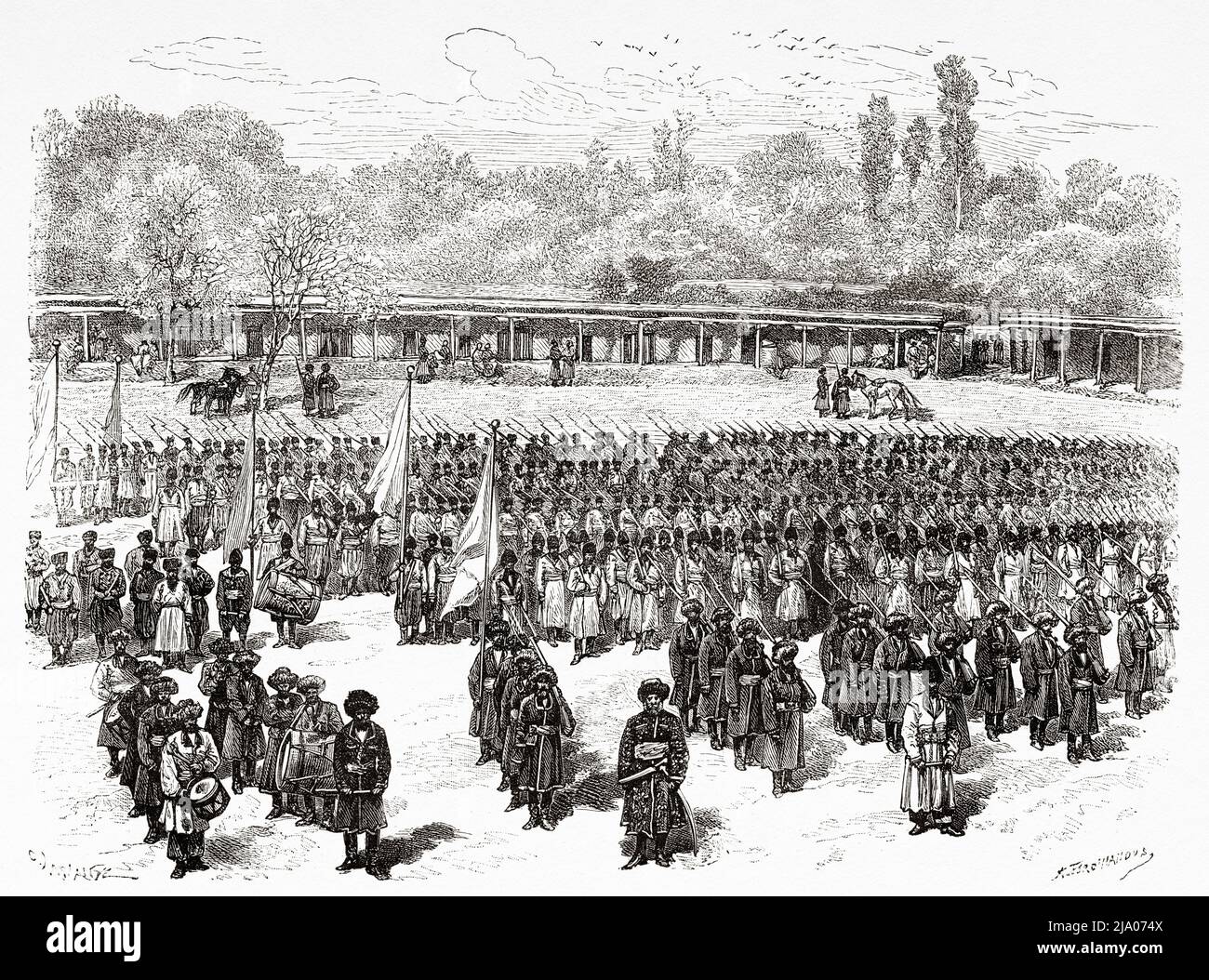 Armée de Khokanda. Kokand, région de Fergana. Ouzbékistan, Asie centrale. D'Orenbourg à Samarkand 1876-1878 par Madame Marie Ujfalvy-Bourdon, le Tour du monde 1879 Banque D'Images