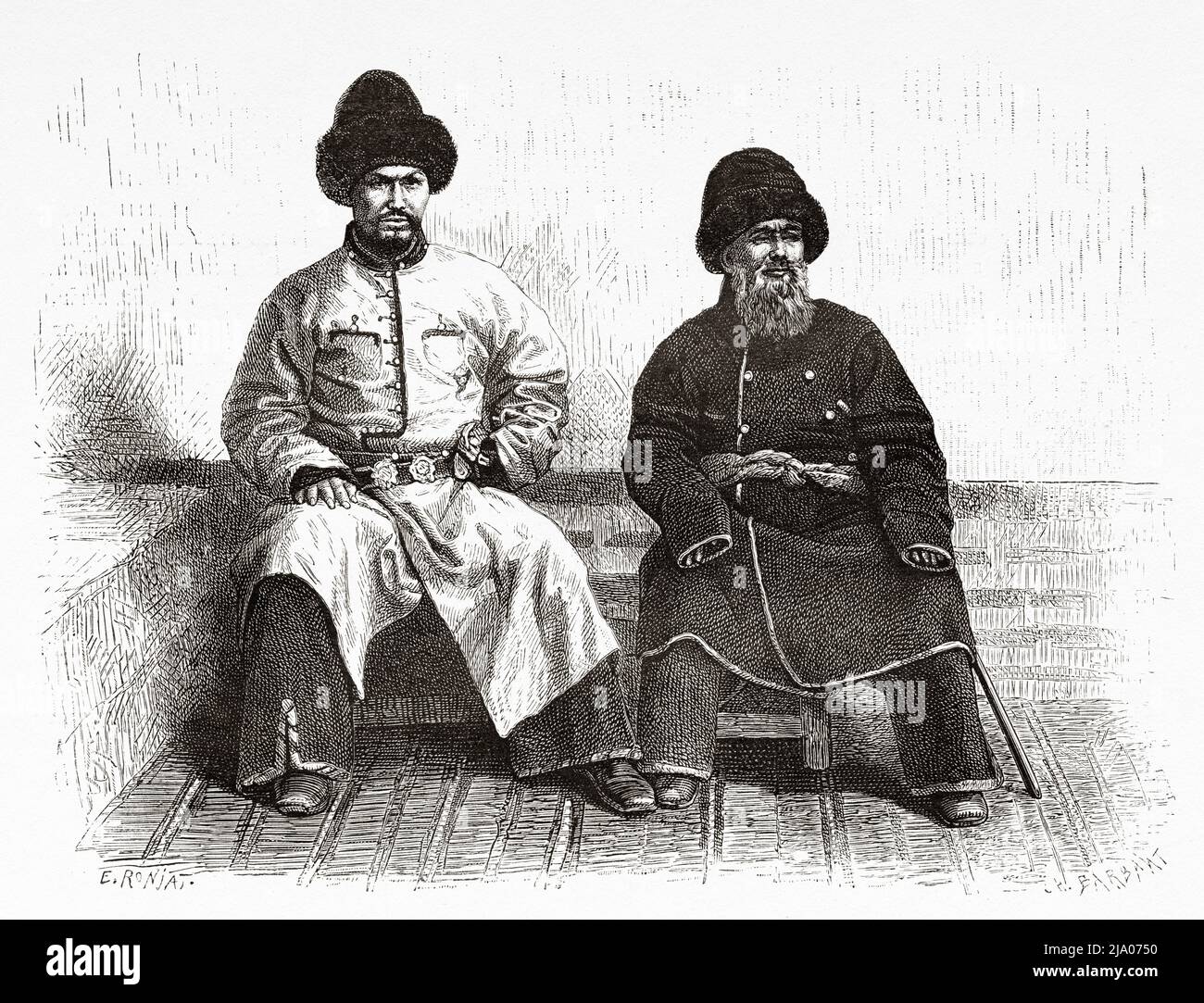 Portrait de deux Nobles de Kokand, région de Fergana. Ouzbékistan, Asie centrale. D'Orenbourg à Samarkand 1876-1878 par Madame Marie Ujfalvy-Bourdon, le Tour du monde 1879 Banque D'Images