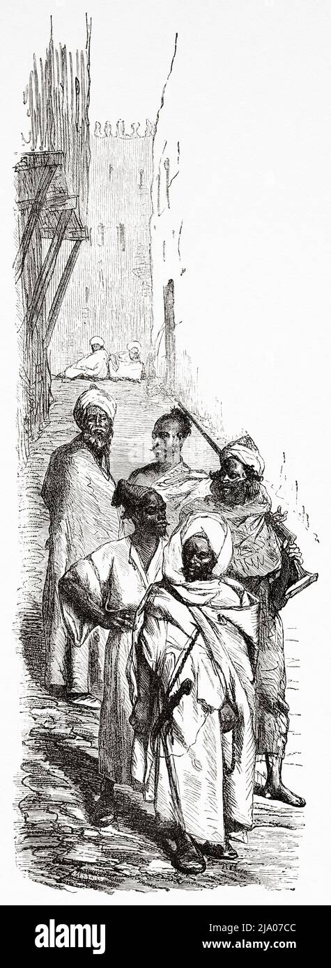 Soldats marocains dans les rues de l'ancienne ville marocaine de Tanger, au Maroc. Nord de l'Afrique. Maroc par Edmondo de Amicis 1875. Le Tour du monde 1879 Banque D'Images