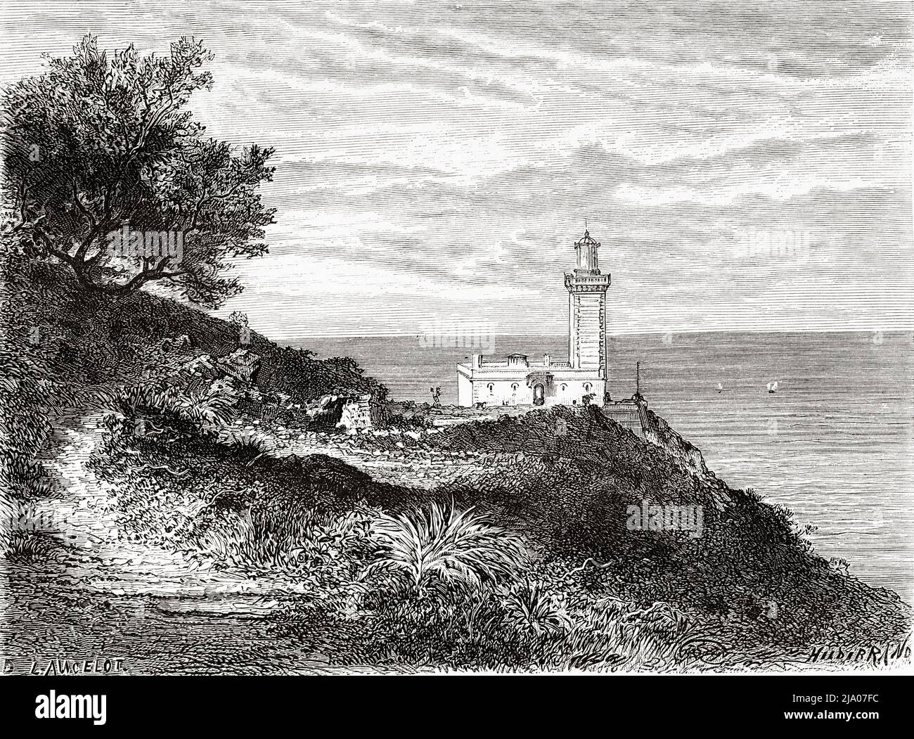 Le célèbre phare de Cap Spartel, Tanger, Maroc. Nord de l'Afrique. Maroc par Edmondo de Amicis 1875. Le Tour du monde 1879 Banque D'Images