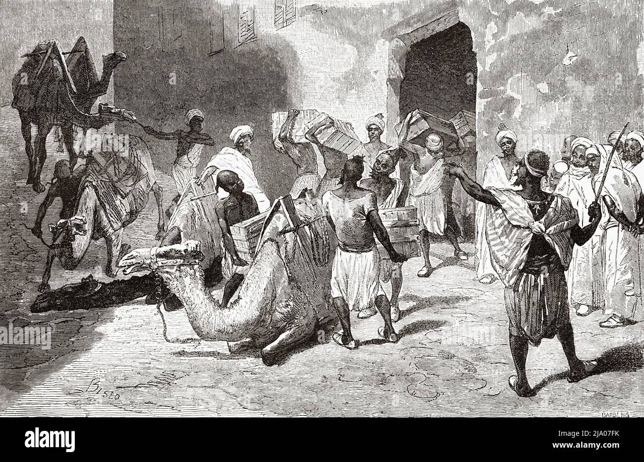 Chargement des caravanes, Tanger, Maroc. Nord de l'Afrique. Maroc par Edmondo de Amicis 1875. Le Tour du monde 1879 Banque D'Images