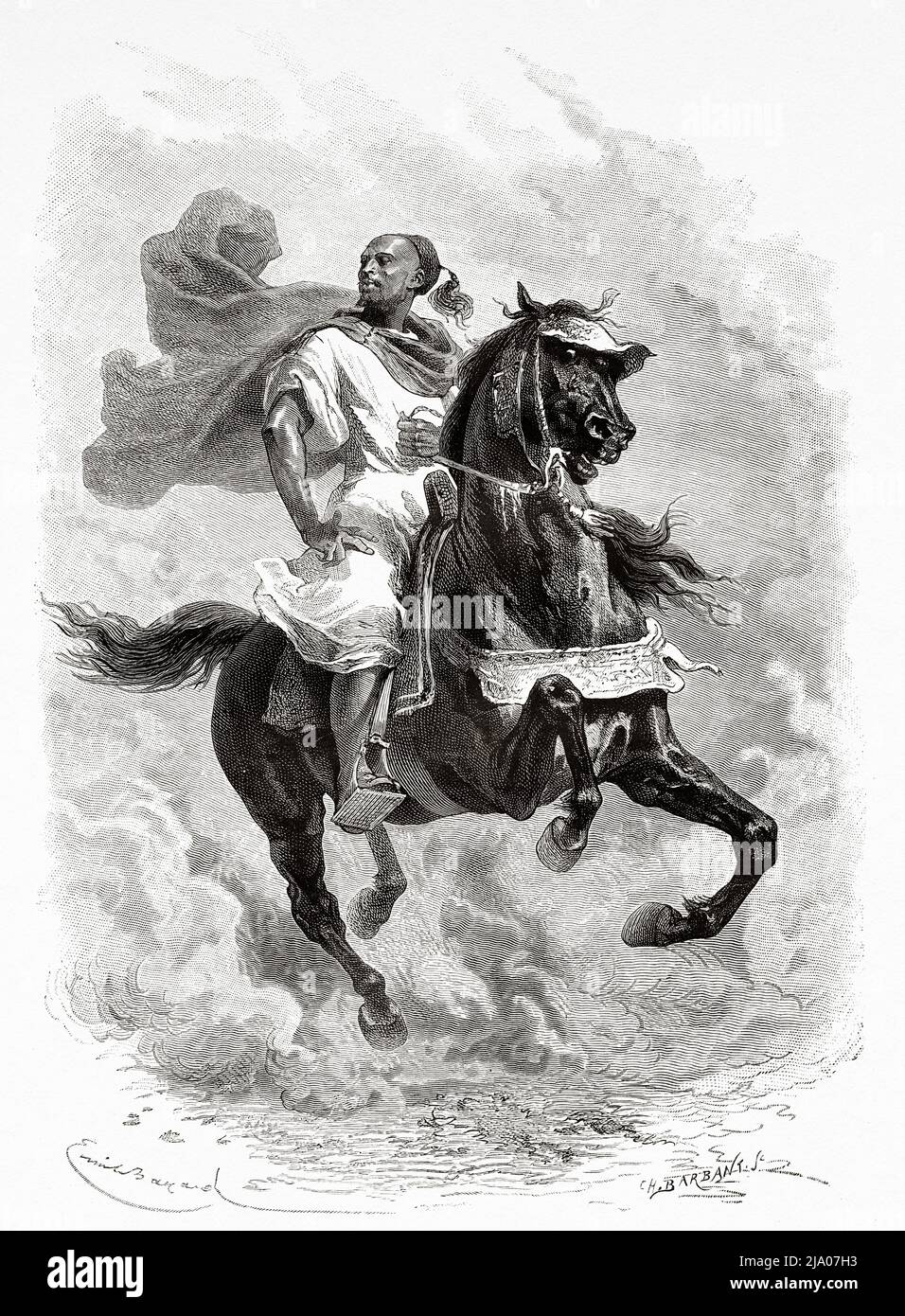 Soldat marocain à cheval arabe noir, Maroc. Nord de l'Afrique. Maroc par Edmondo de Amicis 1875. Le Tour du monde 1879 Banque D'Images