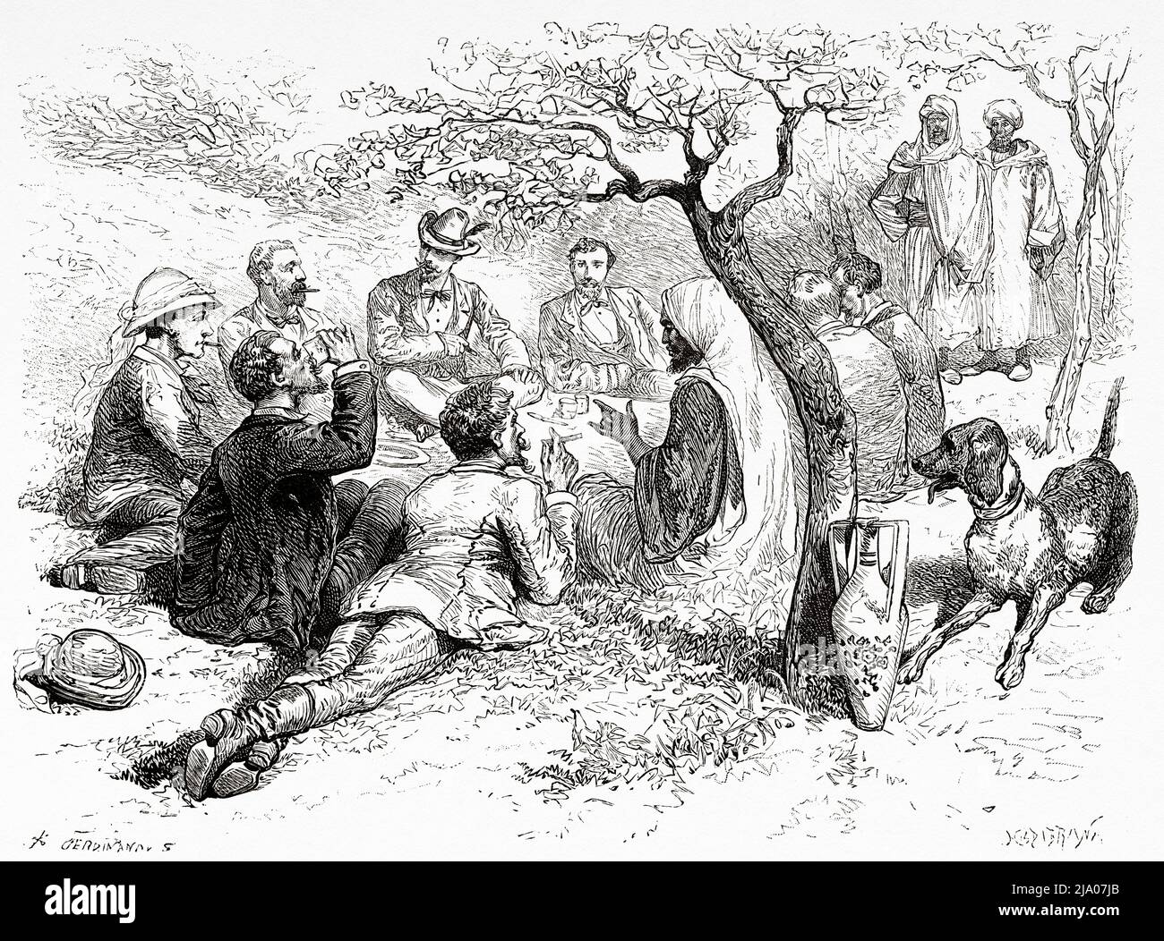 Déjeuner dans le jardin du gouverneur Ben-Aouda, Maroc. Nord de l'Afrique. Maroc par Edmondo de Amicis 1875. Le Tour du monde 1879 Banque D'Images