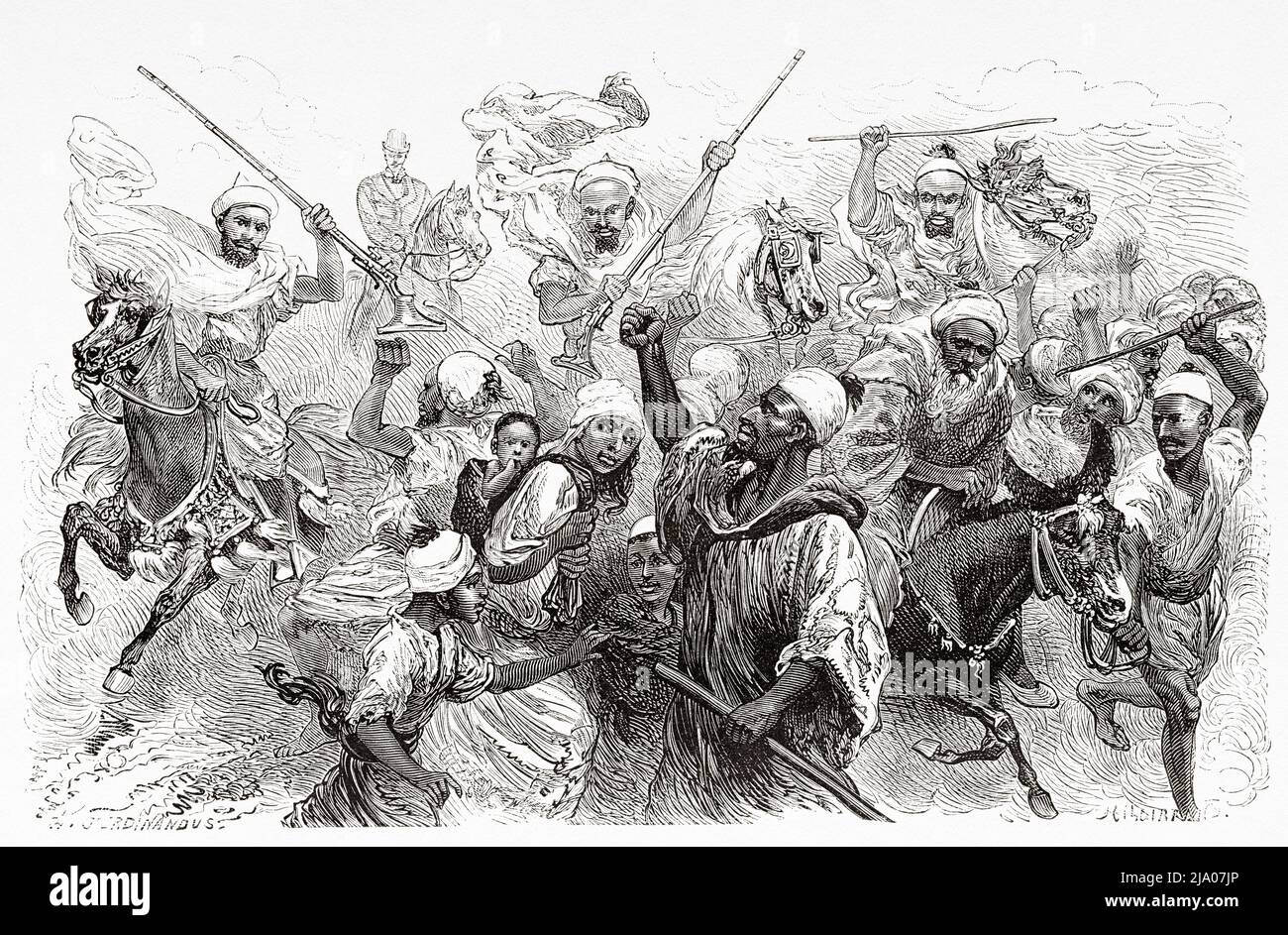 L'escorte du sultan du Maroc se rend à travers la foule des gens à l'arrivée à Fès, Fès el Bali, Maroc. Nord de l'Afrique. Maroc par Edmondo de Amicis 1875. Le Tour du monde 1879 Banque D'Images