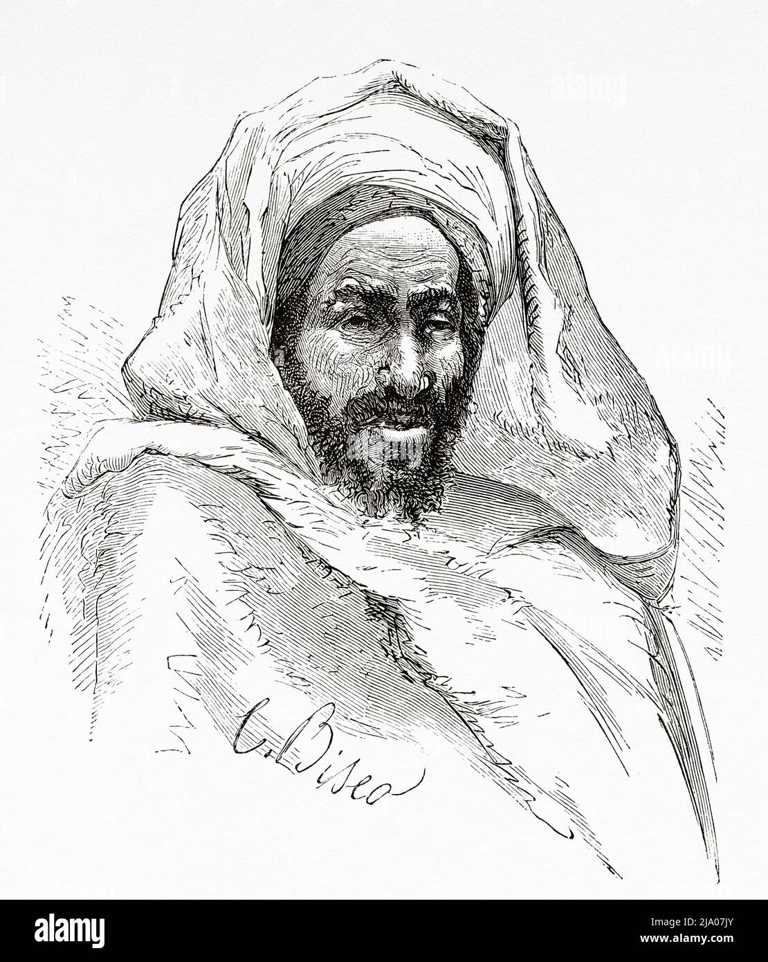 Portrait d'un homme de la tribu Beni Hassan, groupe nomade d'origine arabe, une des quatre sous-tribus des Maqil arabes qui ont émigré au Maghreb au 10th siècle, au Maroc. Nord de l'Afrique. Maroc par Edmondo de Amicis 1875. Le Tour du monde 1879 Banque D'Images