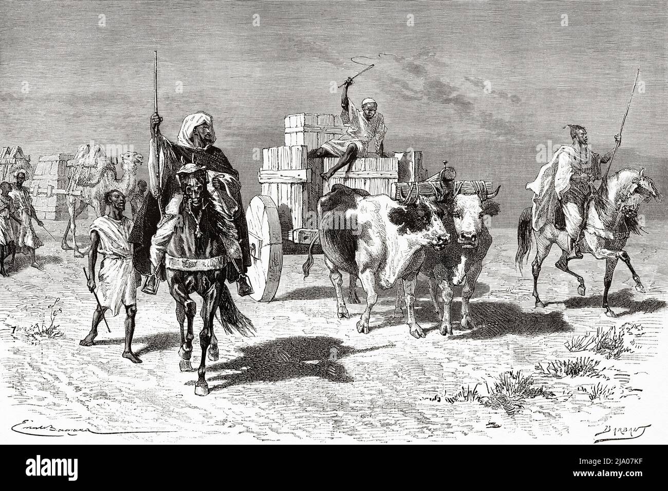 Chariot d'une caravane dans le désert, Maroc. Nord de l'Afrique. Maroc par Edmondo de Amicis 1875. Le Tour du monde 1879 Banque D'Images