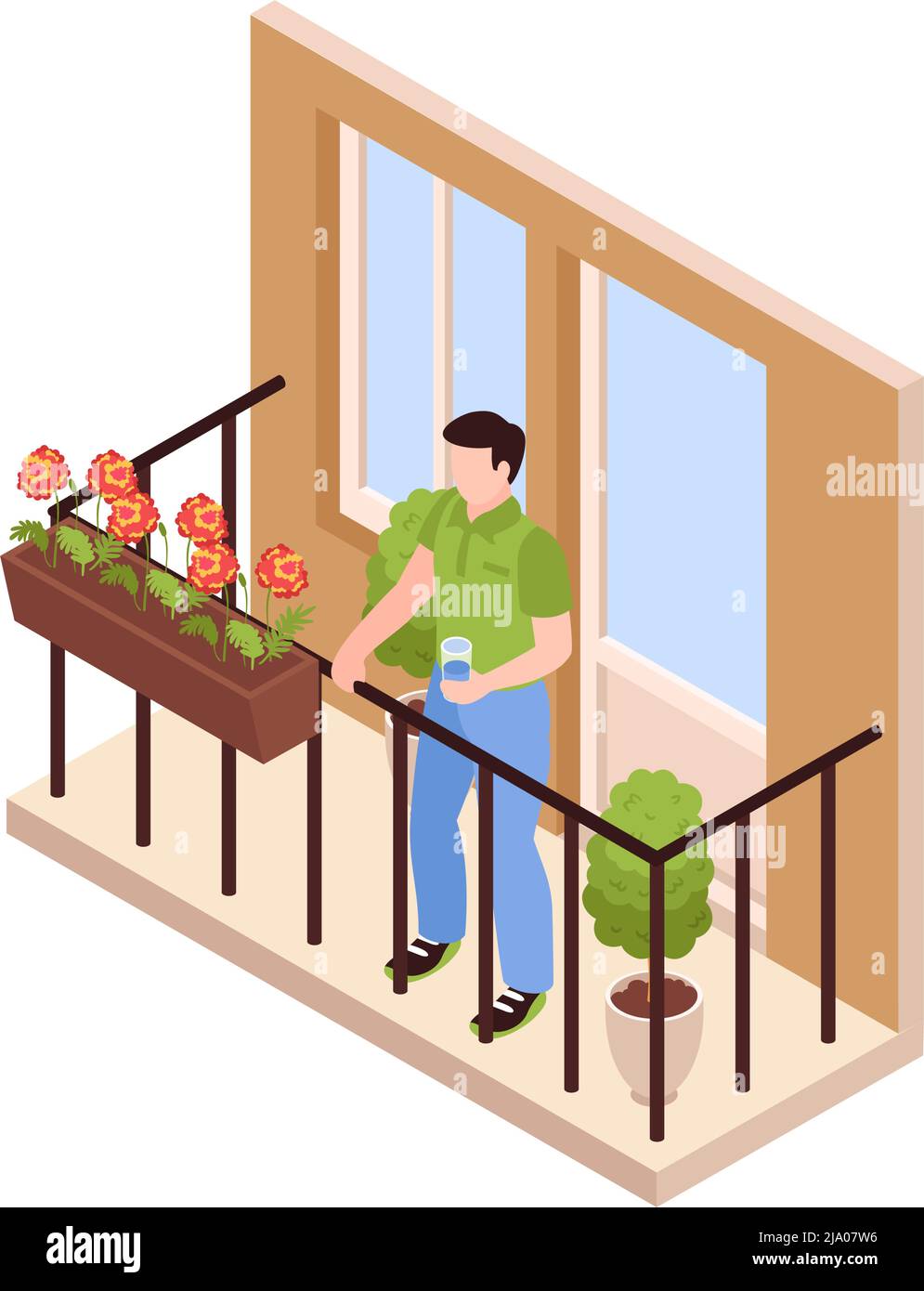 Isométriques homme debout avec du verre sur l'eau sur un beau balcon avec illustration vectorielle de fleurs Illustration de Vecteur