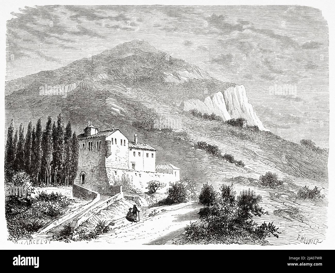 Monastère de Vourkano, Péloponnèse, Grèce. Europe. Voyage en Grèce, 1861-1868-1874, par Henri Belle. Le Tour du monde 1879 Banque D'Images
