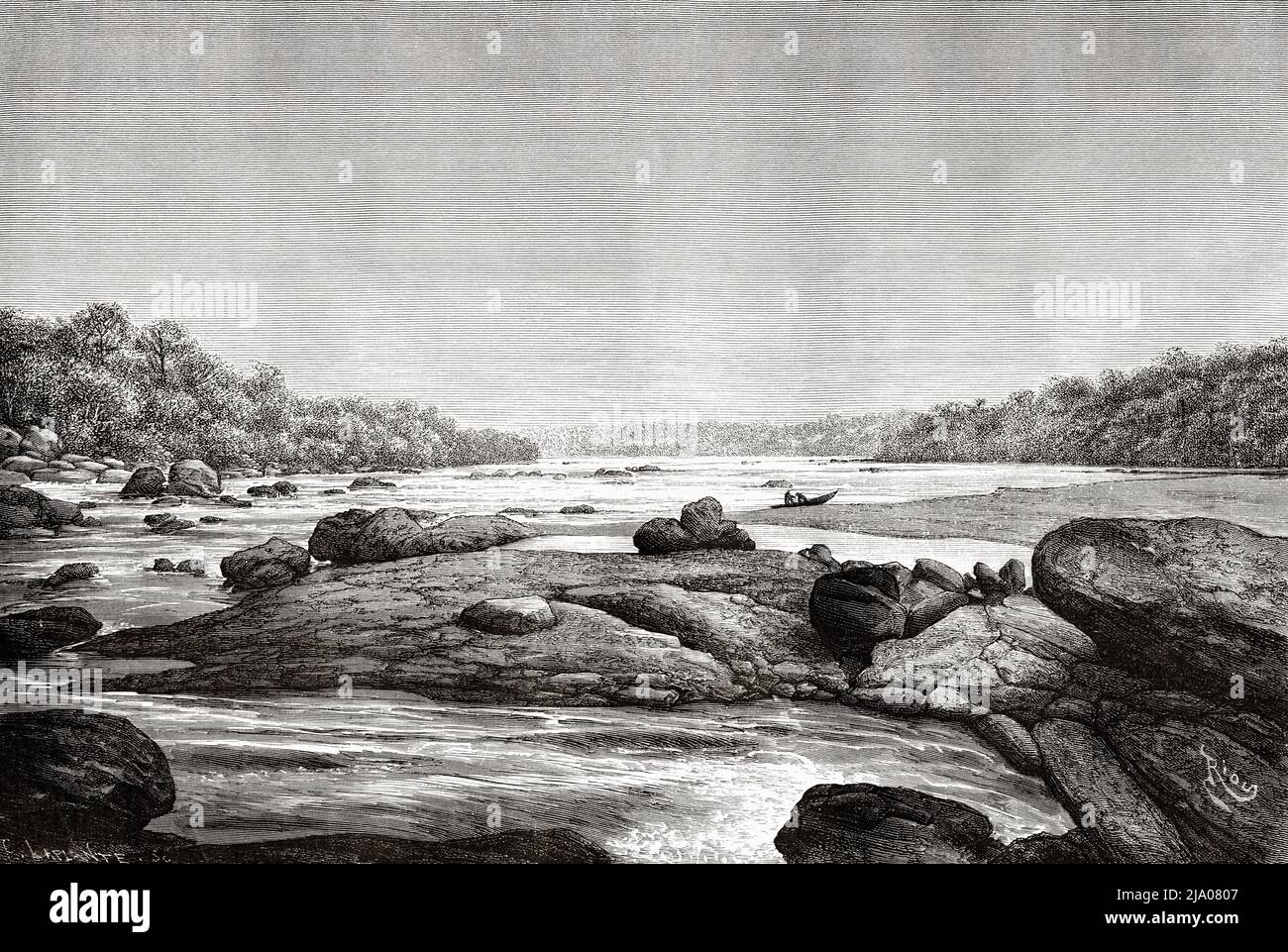 Rapides de la rivière Maroni, Guyane française, département de France, Amérique du Sud. Voyage d'exploration à l'intérieur des Guianas 1877 par Jules Crevaux. Le Tour du monde 1879 Banque D'Images