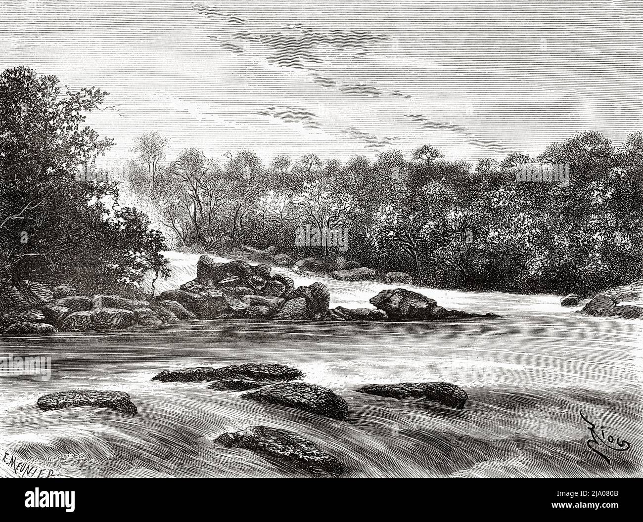 Une cascade dans le fleuve Maroni, Guyane française, département de France, Amérique du Sud. Voyage d'exploration à l'intérieur des Guianas 1877 par Jules Crevaux. Le Tour du monde 1879 Banque D'Images