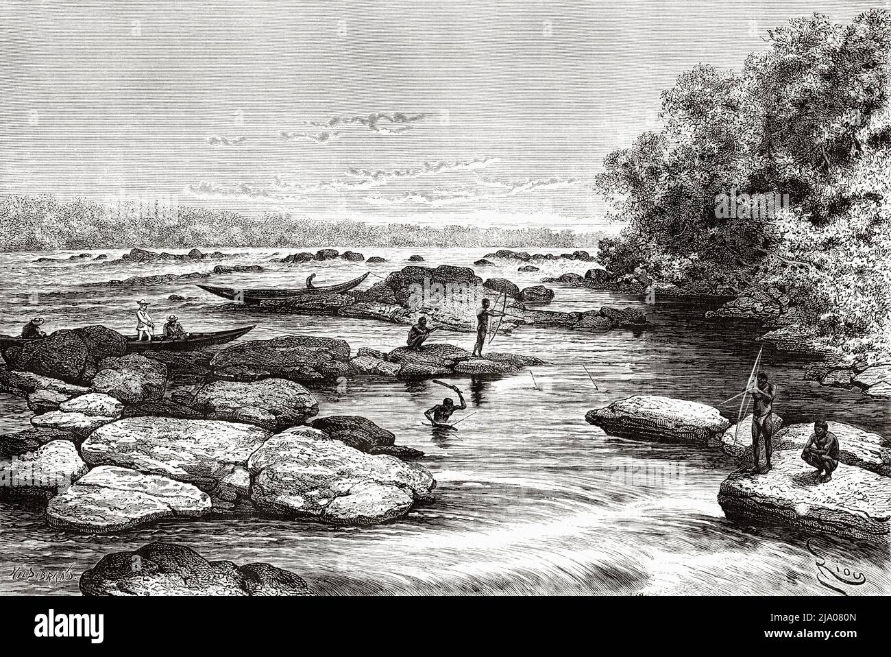 Autochtones les Indiens boni pêchent du poisson Coumarou (Coumarou fluviatilis) dans le fleuve Maroni, Guyane française, département de France, Amérique du Sud. Voyage d'exploration à l'intérieur des Guianas 1877 par Jules Crevaux. Le Tour du monde 1879 Banque D'Images