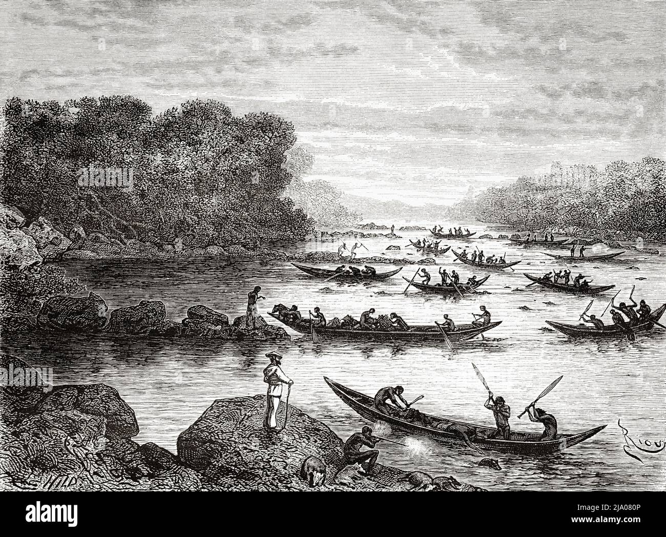 Les Indiens de Boni chassent des peccaries dans la rivière Maroni, Guyane française, département de France, Amérique du Sud. Voyage d'exploration à l'intérieur des Guianas 1877 par Jules Crevaux. Le Tour du monde 1879 Banque D'Images