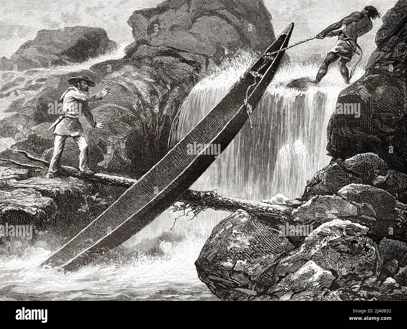 Passage d'un canoë à travers un torrent d'eau d'un rapide dans le fleuve Maroni, Guyane française, département de France, Amérique du Sud. Voyage d'exploration à l'intérieur des Guianas 1877 par Jules Crevaux. Le Tour du monde 1879 Banque D'Images