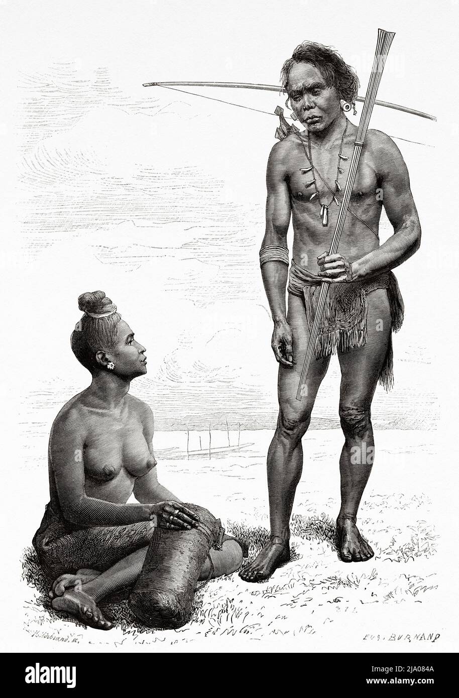 Femme et homme du groupe ethnique Akha, province d'Attapeu. Laos. Asie du Sud-est. Le Laos et les populations sauvages de l'Indo-Chine par le docteur Harman 1877 Banque D'Images