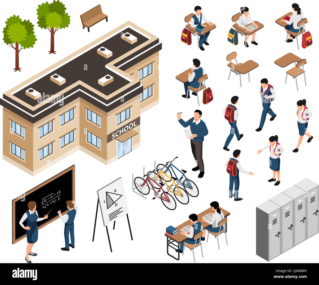 Ensemble de bâtiments scolaires isométriques avec des icônes isolées de bureaux et de casiers avec des élèves et des personnages d'enseignant illustration vectorielle Illustration de Vecteur