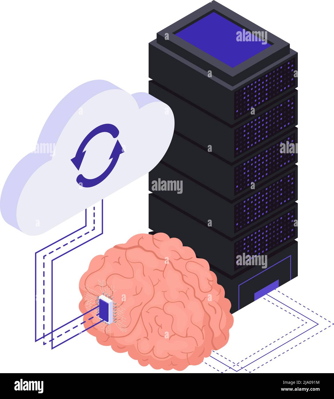 Implants neurologiques à puce technologies de traitement de gros plan composition isométrique avec interfaçage de nuages avec illustration de vecteur de symboles du cerveau humain Illustration de Vecteur