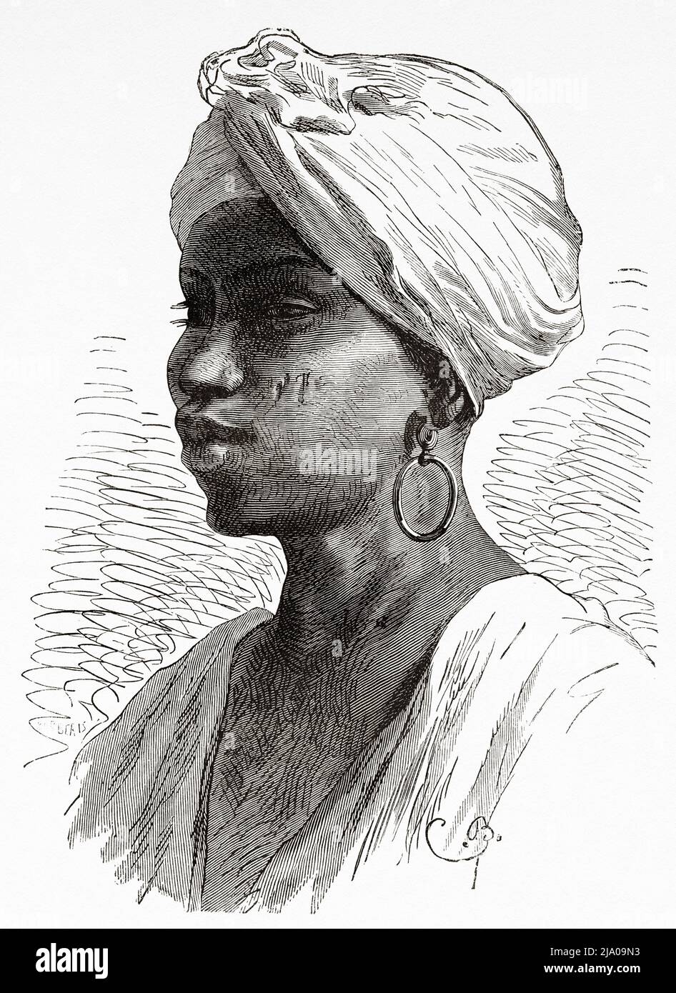 Jeune esclave noir en robe traditionnelle, Maroc. Nord de l'Afrique. Maroc par Edmondo de Amicis 1875. Le Tour du monde 1879 Banque D'Images