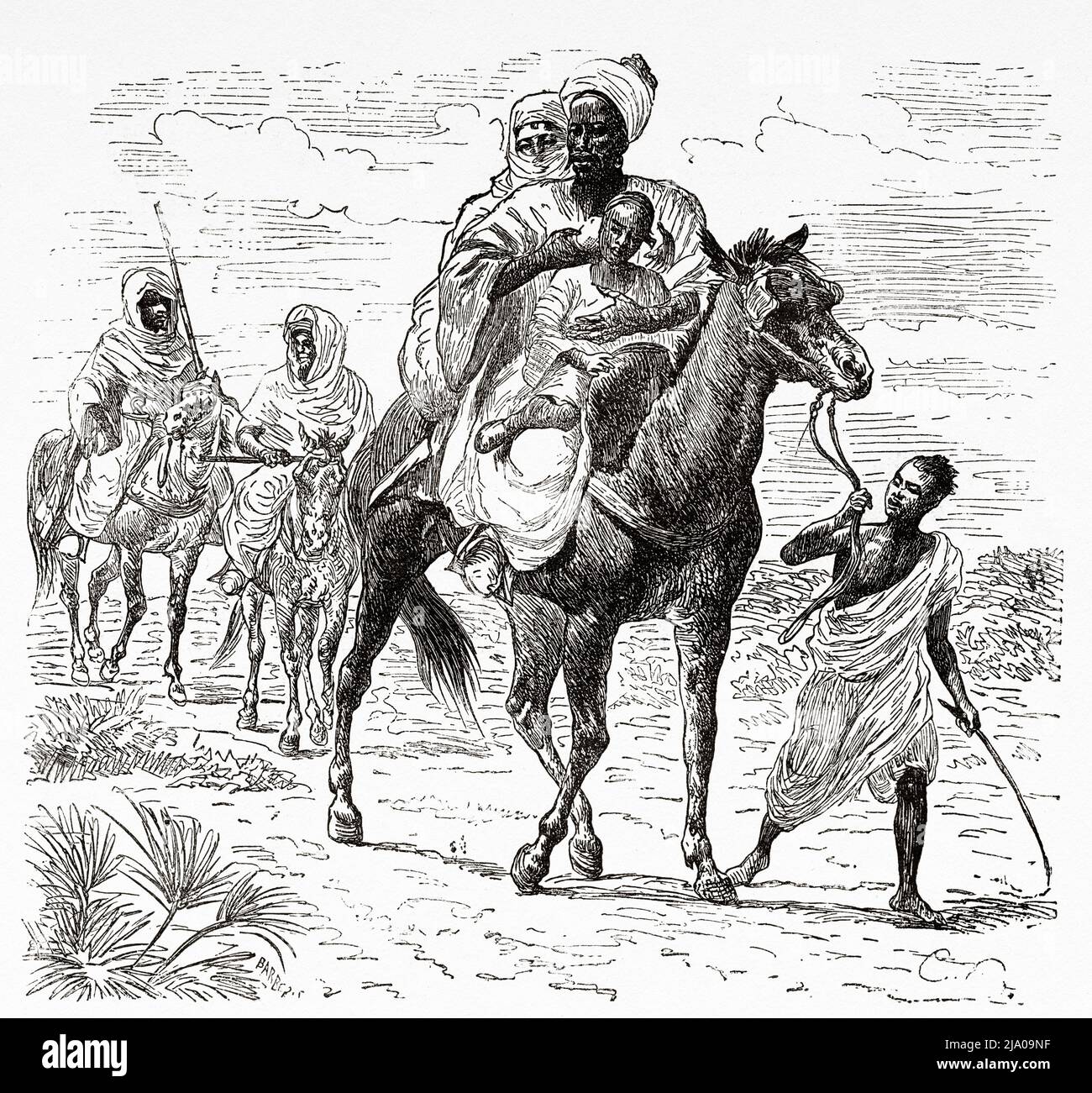 Un marchand de Meknes à cheval avec sa famille et gardé par ses escortes, au Maroc. Nord de l'Afrique. Maroc par Edmondo de Amicis 1875. Le Tour du monde 1879 Banque D'Images