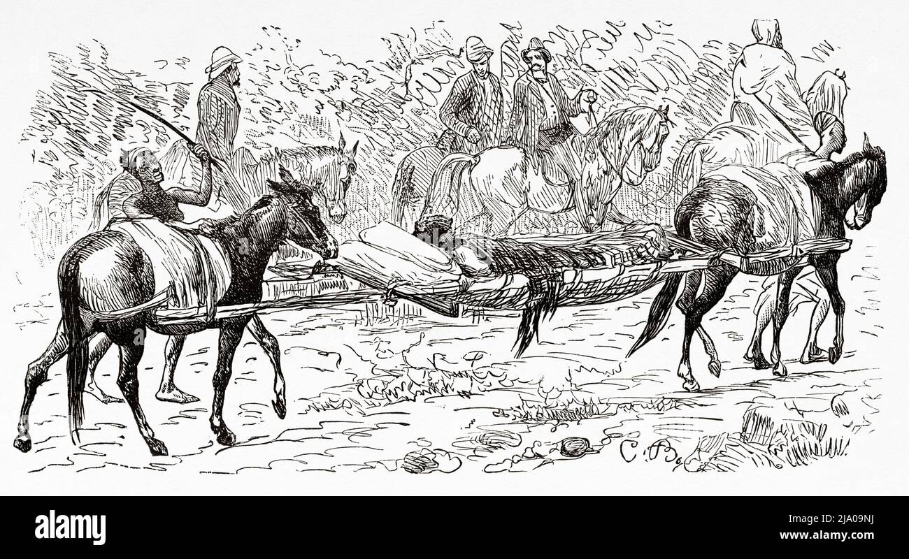 Un malade est porté sur une civière portée par deux ânes, le Maroc. Nord de l'Afrique. Maroc par Edmondo de Amicis 1875. Le Tour du monde 1879 Banque D'Images