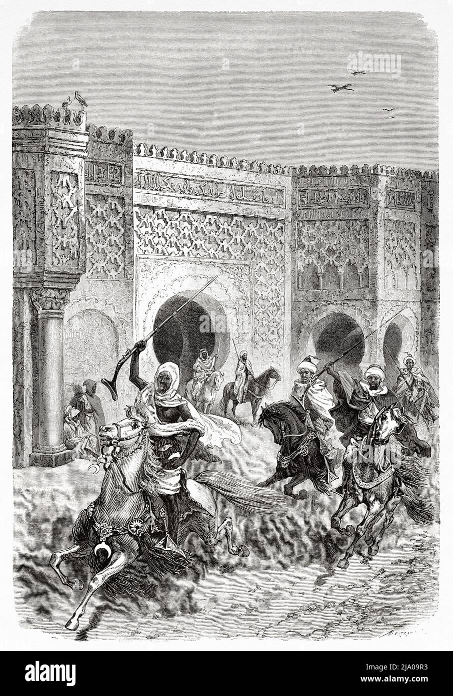 Soldats marocains à cheval devant le palais du gouverneur à Meknes, au Maroc. Nord de l'Afrique. Maroc par Edmondo de Amicis 1875. Le Tour du monde 1879 Banque D'Images