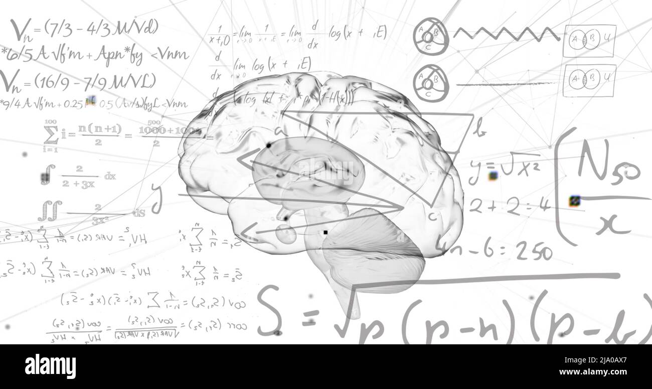 Image du cerveau numérique et des équations mathématiques sur fond blanc Banque D'Images
