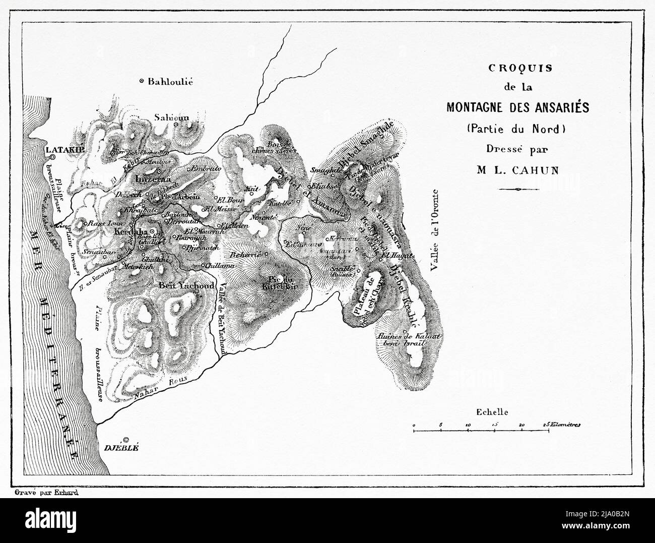 Ancienne carte des montagnes de Nusayriyah. Syrie, Moyen-Orient. Le Nusayris de Léon Cahun 1878. Le Tour du monde 1879 Banque D'Images