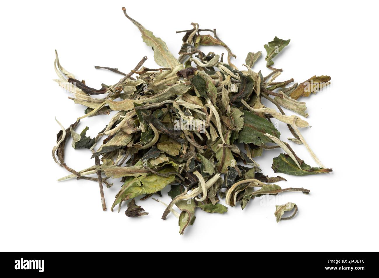 Tas de thé chinois Pai Mu Tan gros plan isolé sur fond blanc Banque D'Images