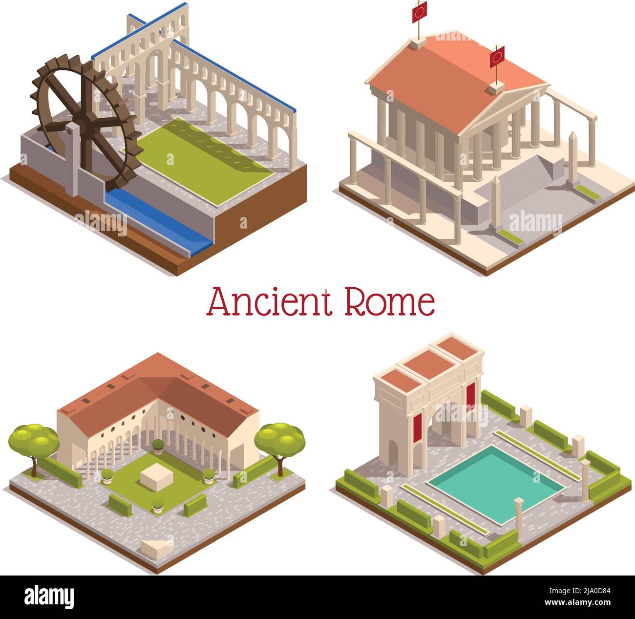 Monuments de la rome antique 4 composition isométrique avec forum pantheon arc triomphal en bois moulin roue aqueduc illustration vectorielle Illustration de Vecteur